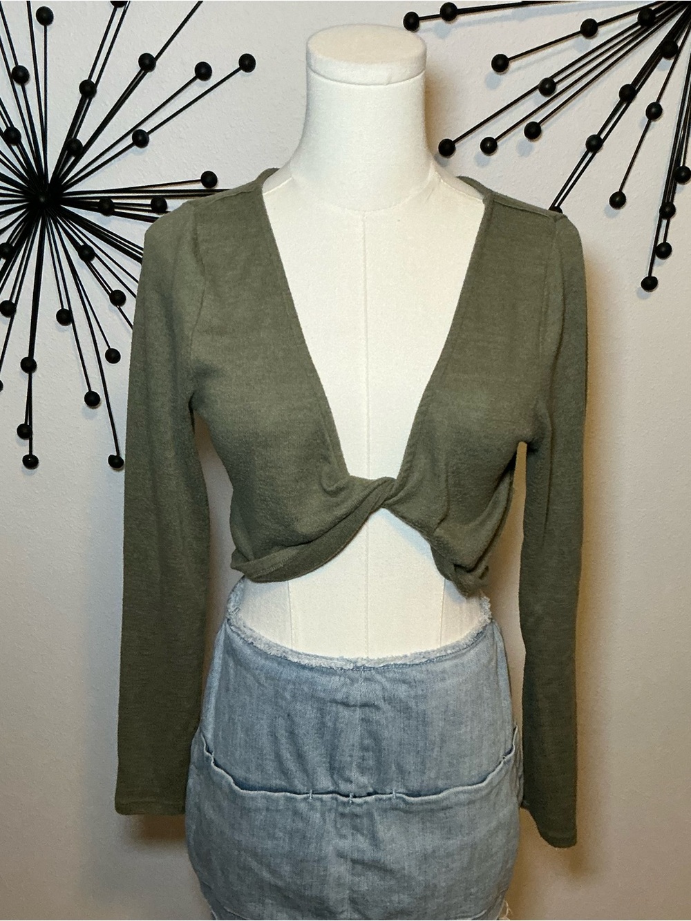 Wild Fable Olive Green Tie Front Crop Top Long Sleeve Size Small